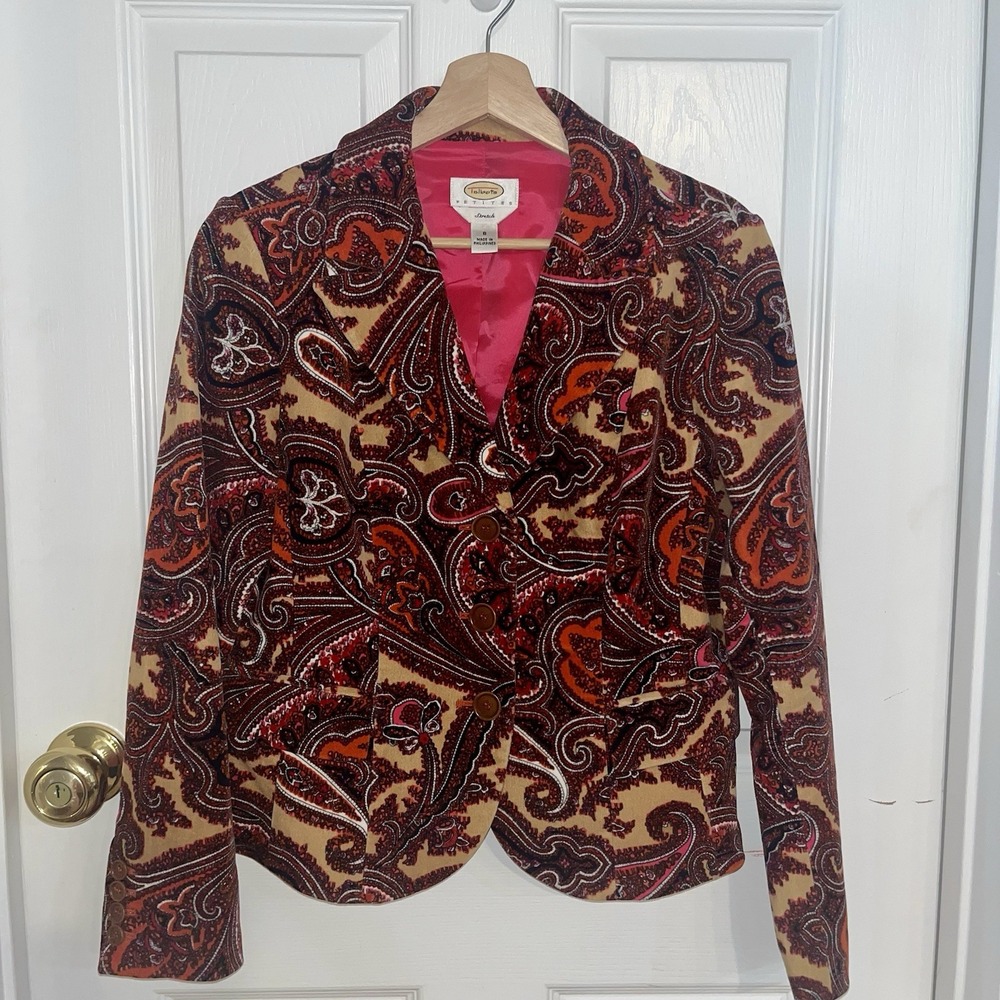 Talbots Petite 8 Velour Paisley Blazer Jacket Boho Stretch‎ Fall Retro Inspired